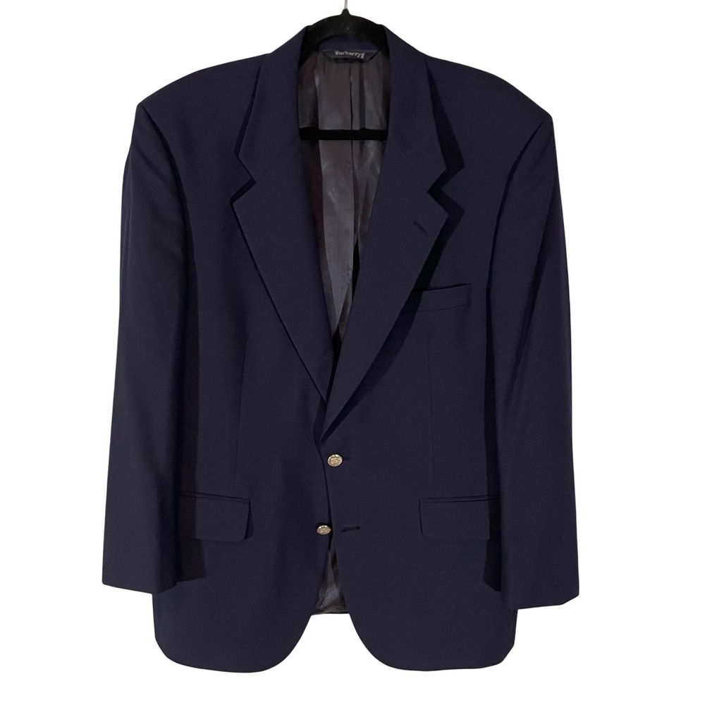 Burberrys Mens Navy Blue Super 100s‎ Wool Blazer Gold Crest Button Sport Coat